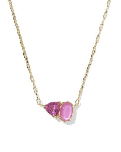 Gold Necklace with Elisa shape and a trillion-cut stone with a pink stones on a dainty chain
