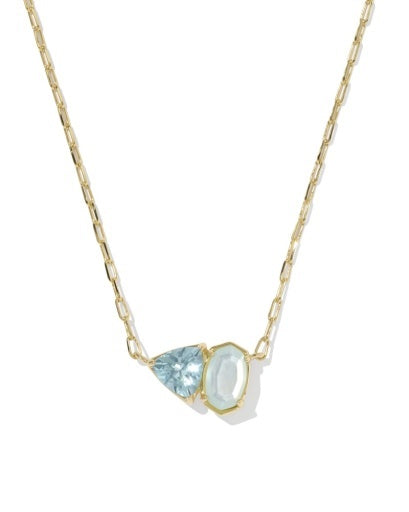 Gold Necklace with Elisa shape and a trillion-cut stone with a light blue stones on a dainty chain