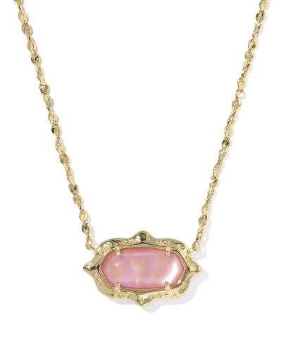 Gold chain with a rose pink elisa pendant in a scollop frame. 