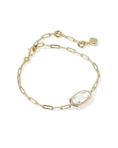 Gold chain bracelet with an oval clear pendant and a gold clasp closure