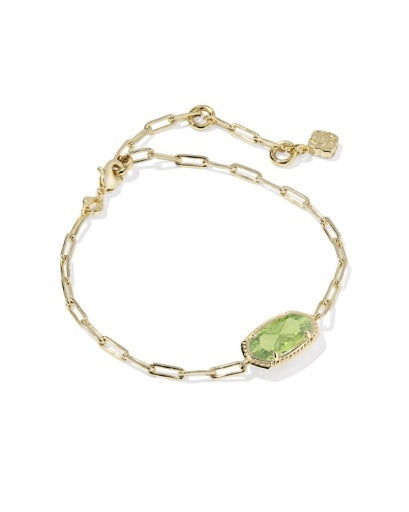 Gold chain bracelet with oval green pendant and clasp closure