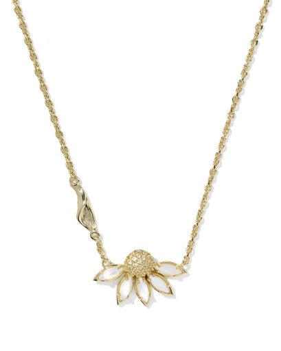  Flower Gold  Pendant Necklace, Petal-shaped White stones with crystal cubic zirconia 