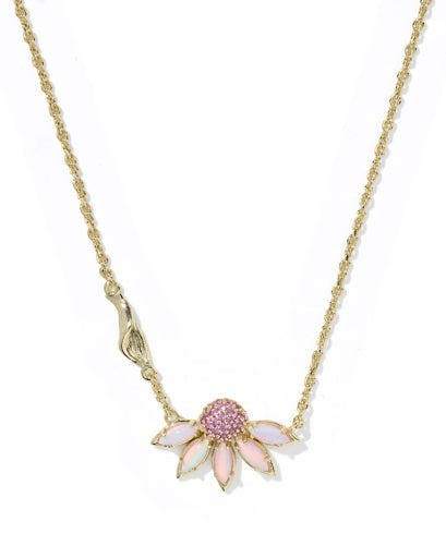  Flower Gold  Pendant Necklace, Petal-shaped iridescent stones with crystal pink cubic zirconia 