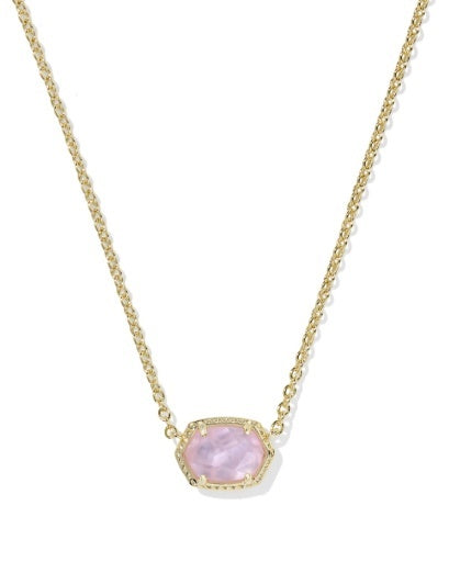 Gold Frame Short Pendant Necklace with a Pink Stone. 