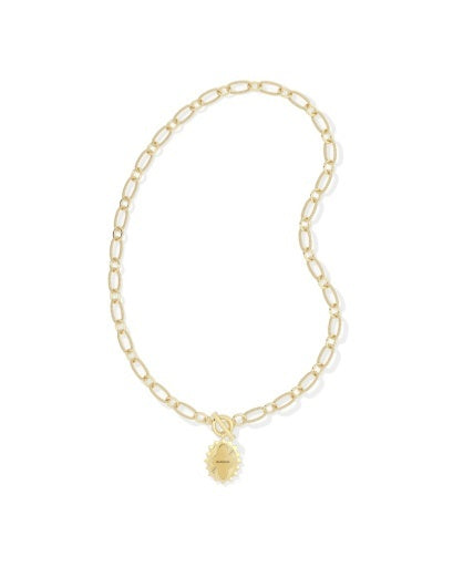 Gold Link and Chain Necklace, pendant with an engraved mama design and a toggle closure.