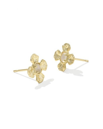 A pair of gold flower-shaped stud earrings with textured petals and smooth white inlays, displayed on a clean white background.