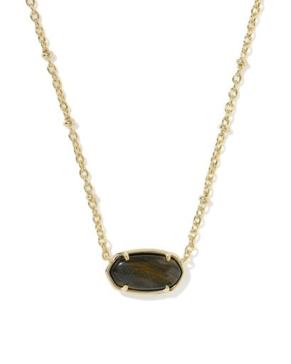 A gold chain necklace featuring an oval-shaped dark brown tiger's eye stone pendant.