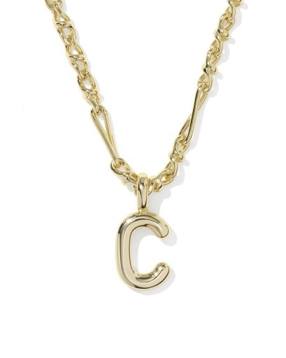 A gold initial necklace featuring a polished letter 'C' pendant on a twisted link chain, shown against a plain white background.