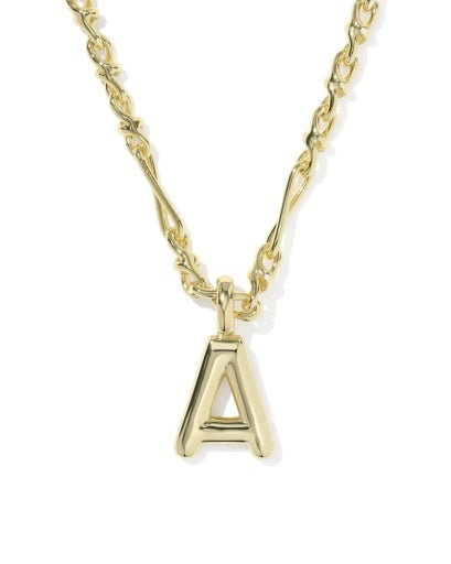 A gold initial necklace featuring a polished capital letter 'A' pendant on a twisted rope chain, shown against a plain white background.