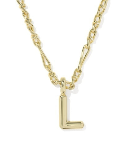 A gold initial necklace featuring a polished letter 'L' pendant on a twisted link chain, shown against a plain white background.