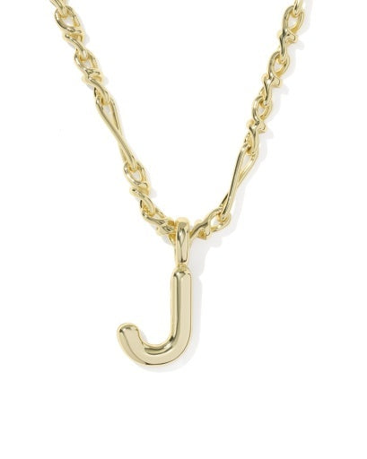 A gold initial necklace featuring a polished letter 'J' pendant on a twisted link chain, shown against a plain white background.