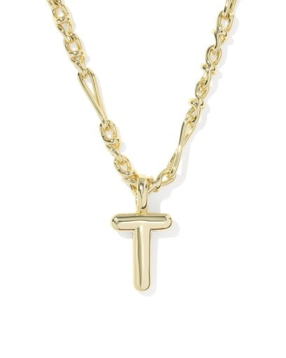 A gold initial necklace featuring a polished, blocky letter 'T' pendant on a matching chain, shown against a plain white background.