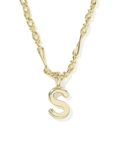 A gold initial necklace featuring a polished letter 'S' pendant on a twisted link chain, shown against a plain white background.