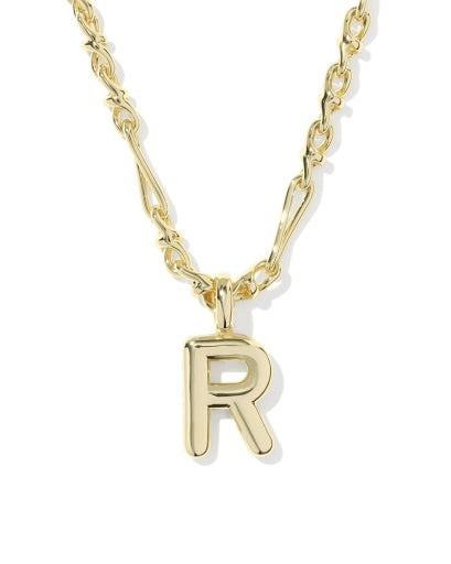 A gold initial necklace featuring a polished letter 'R' pendant on a twisted link chain, shown against a plain white background.