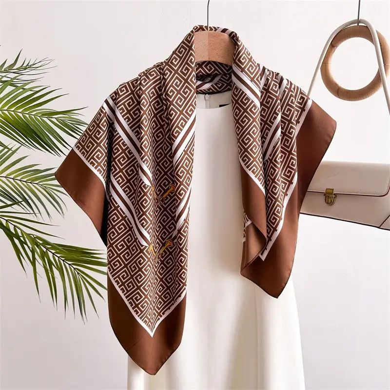 Geometric Print Silk Satin Shawl Scarf