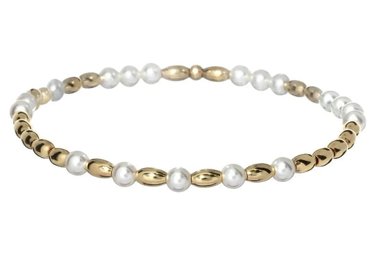 Gold Filled Bracelet With Pearls WATERPROOF | TARNISH FREE | HYPOALLERGENIC BEADS: OVAL & FRESHWATER PEARLS GOLD: 14K GOLD FILLED HIGH PERFORMANCE ELASTIC MADE IN MIAMI, MADE WITH LOVE