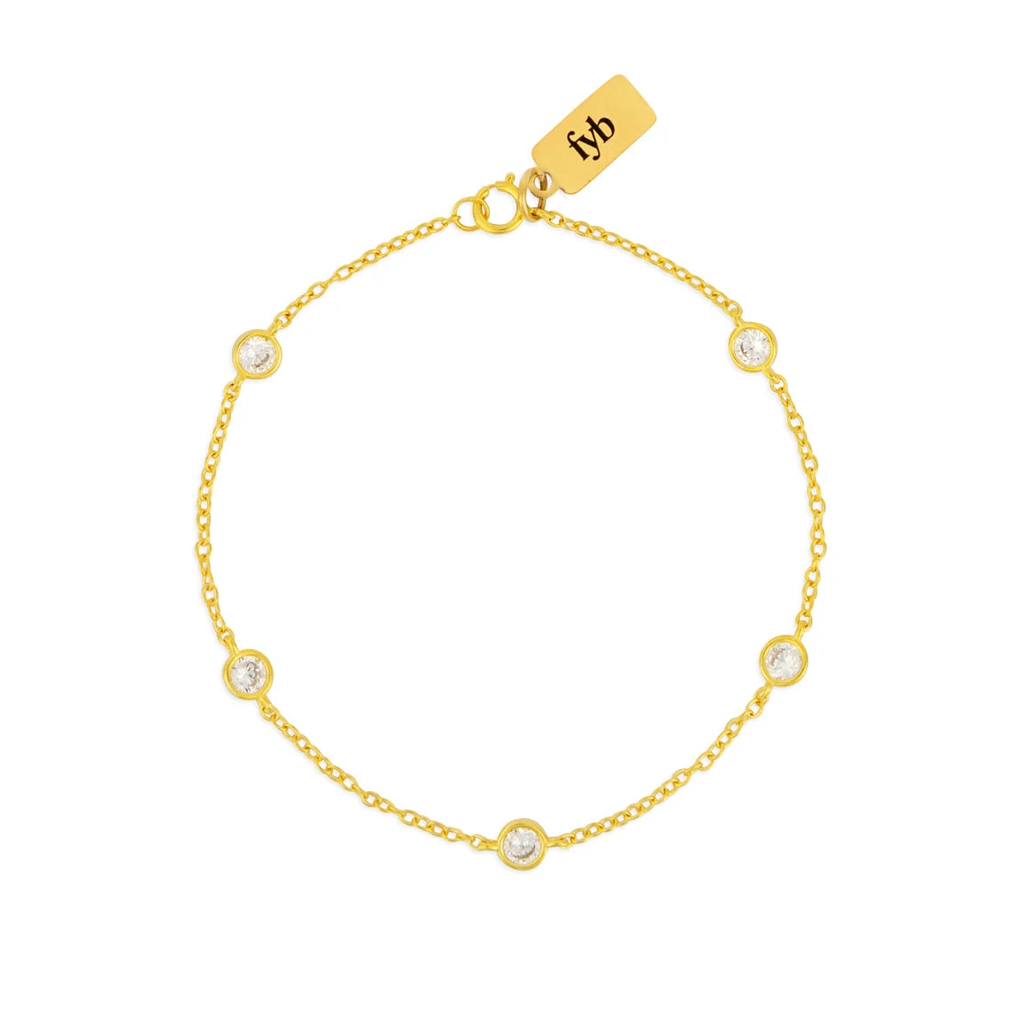 gold bracelet with crystal gemstones spaced along the bracelet along with a clasp closure