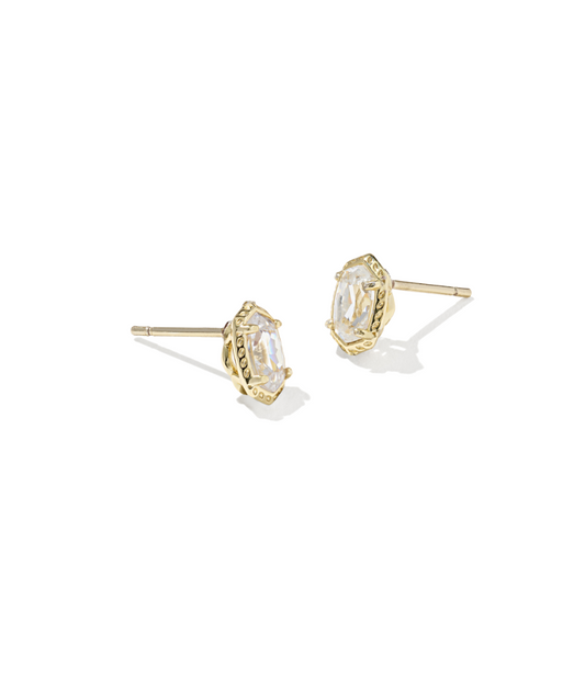 Gold-textured frame stud earrings with a clear stone.