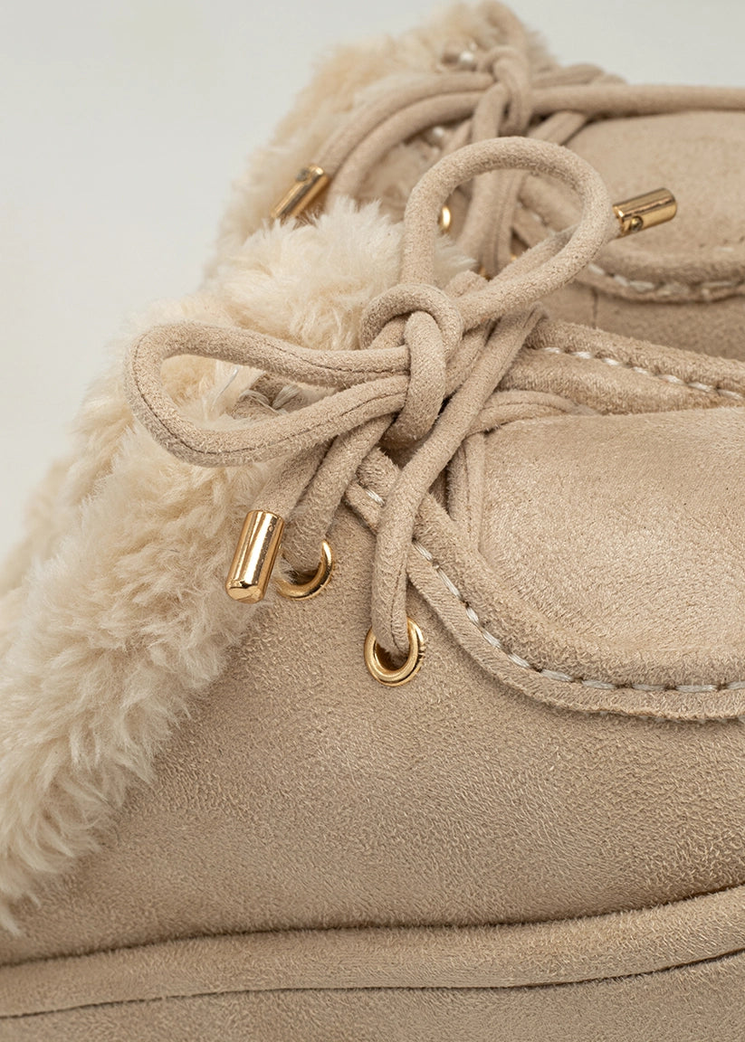 Bone suede platform clog with faux-fur lining and a lace detail  shown from a different angle 