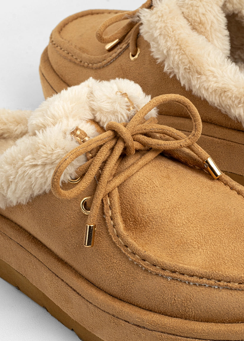 Camel suede platform clog with faux-fur lining and a lace detail  shown from a different angle