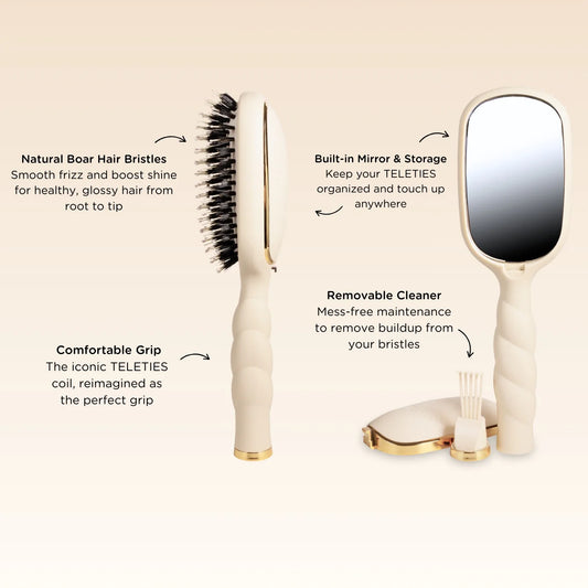 Oval hair brush, beige handle, boar bristle, textured handle with gold trim, comfortable grip handle, built-in mirror on back side, removable cleaner, shown from multiple angles. 