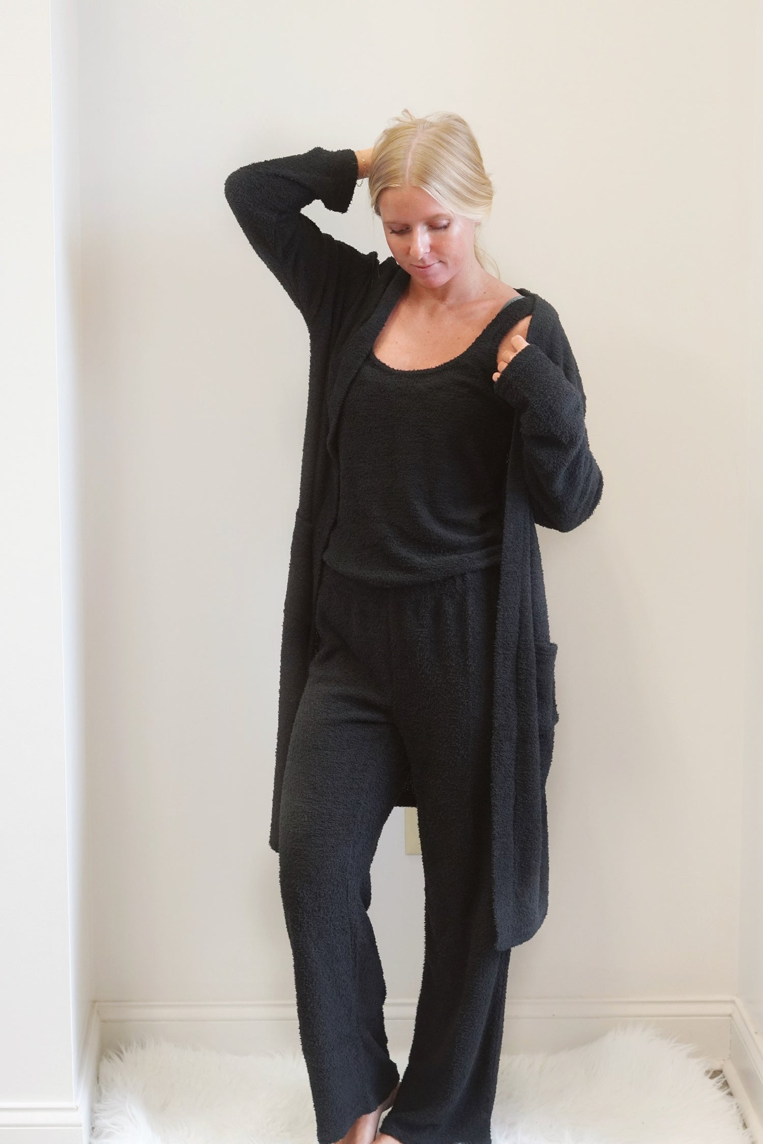Amanda Blu's Black Cozy Knit Cardigan, Long Sleeves, Terry Cloth Fabric, Relaxed Fit. 