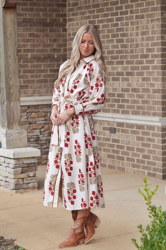 Faith Floral V-Neck Maxi Dress, V-Neckline, Long Sleeves, Maxi Dress, Floral Print, Button Down.