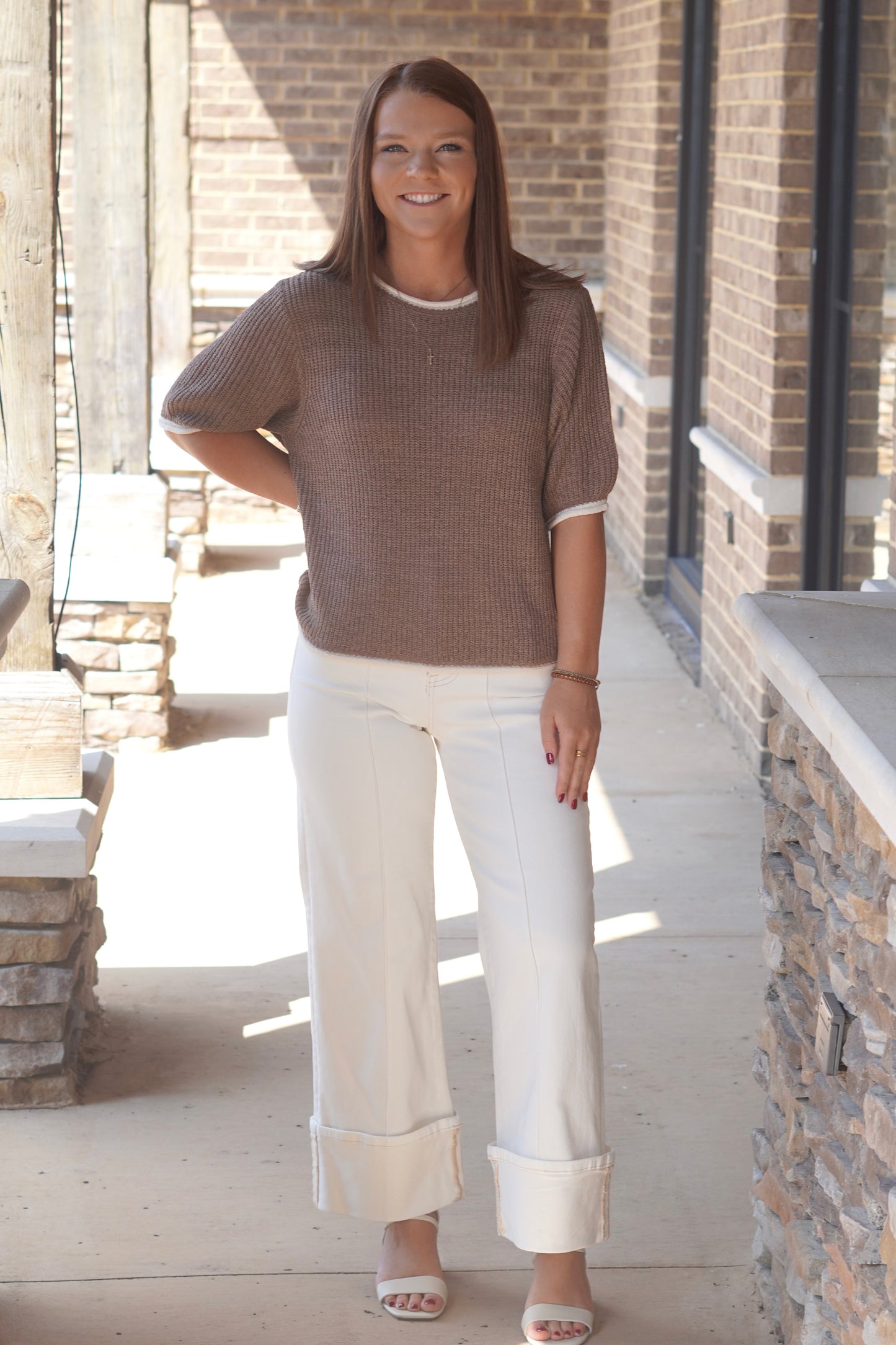 Collins Cream Cuffed Wide Leg Jeans