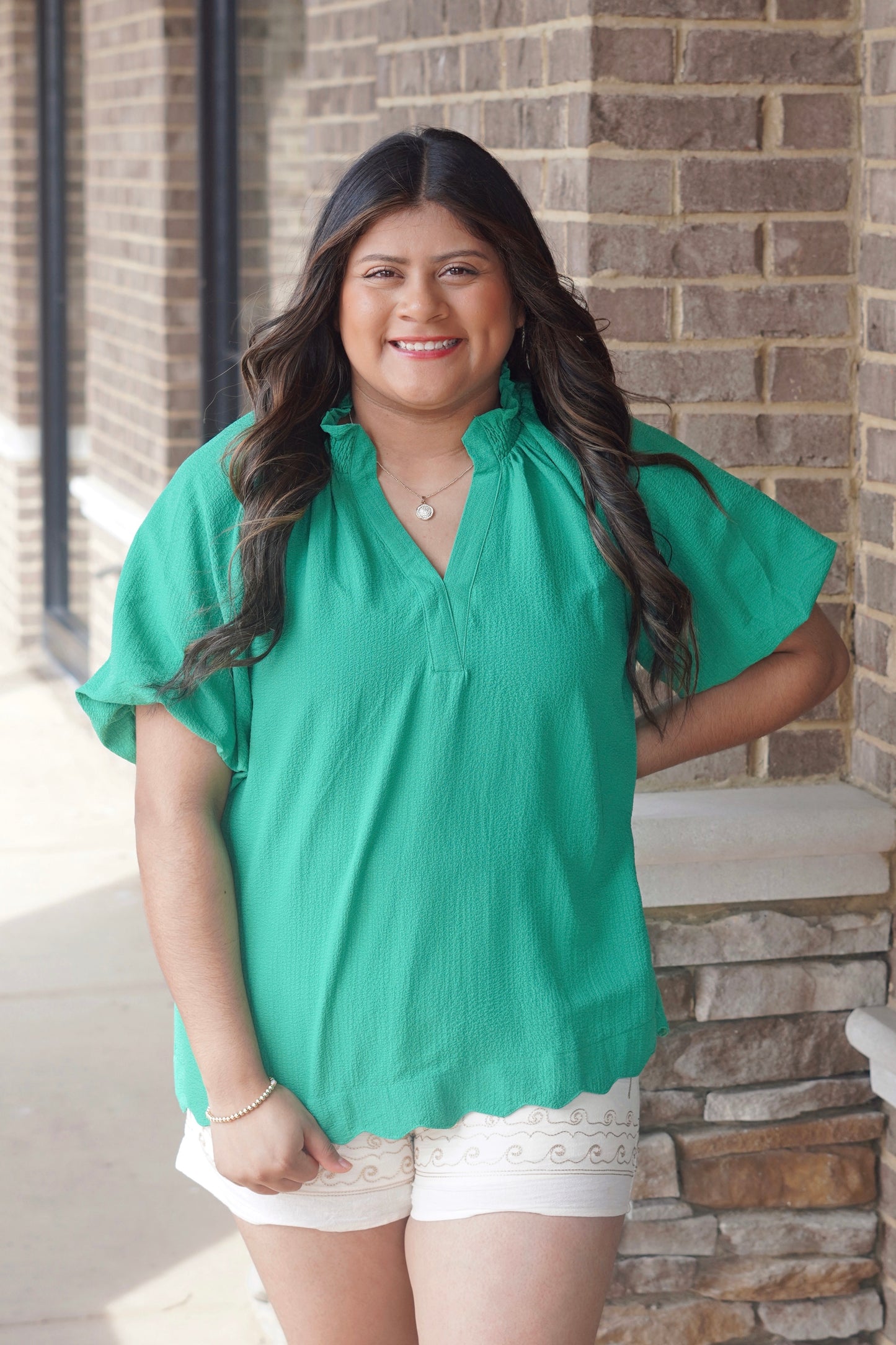 Grayson Solid Green Puff Sleeve Blouse