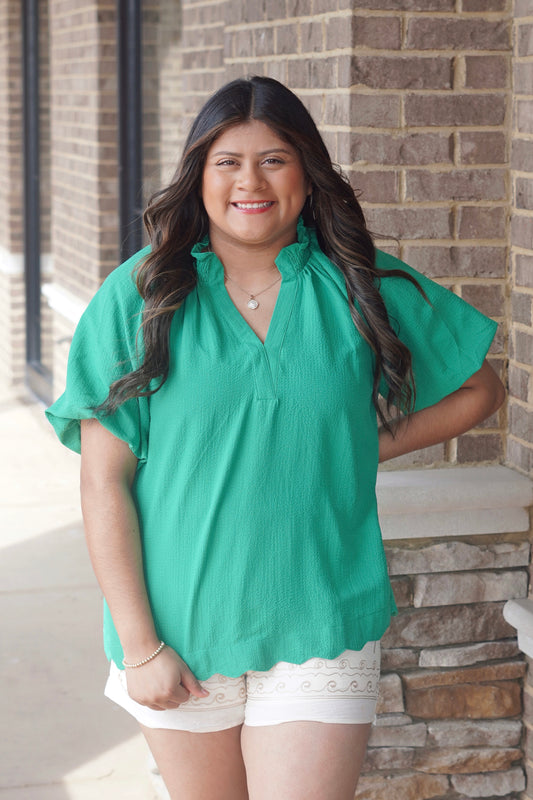 Grayson Solid Green Puff Sleeve Blouse