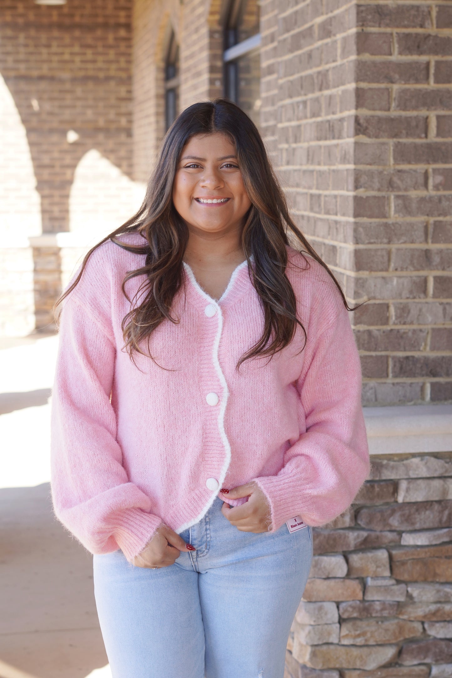 Women wearing a Pink Wool Cardigan, Button Down, Scallop Edge, Cropped
