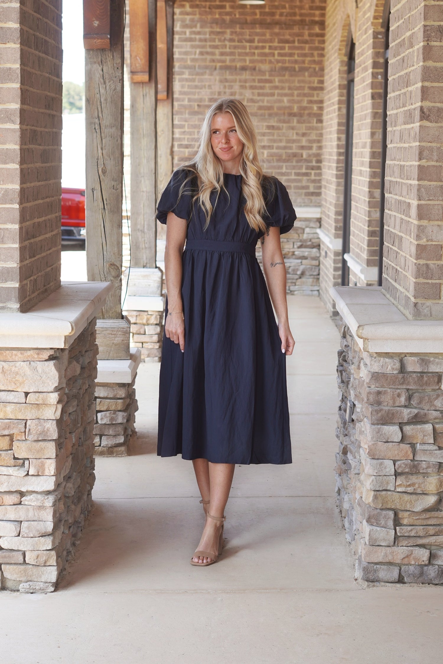 Grace Puff Sleeve Midi Dress, Round Neckline, Short Puff Sleeves, Midi Dress, Color: Navy, True To Size, Fitted In The Waist