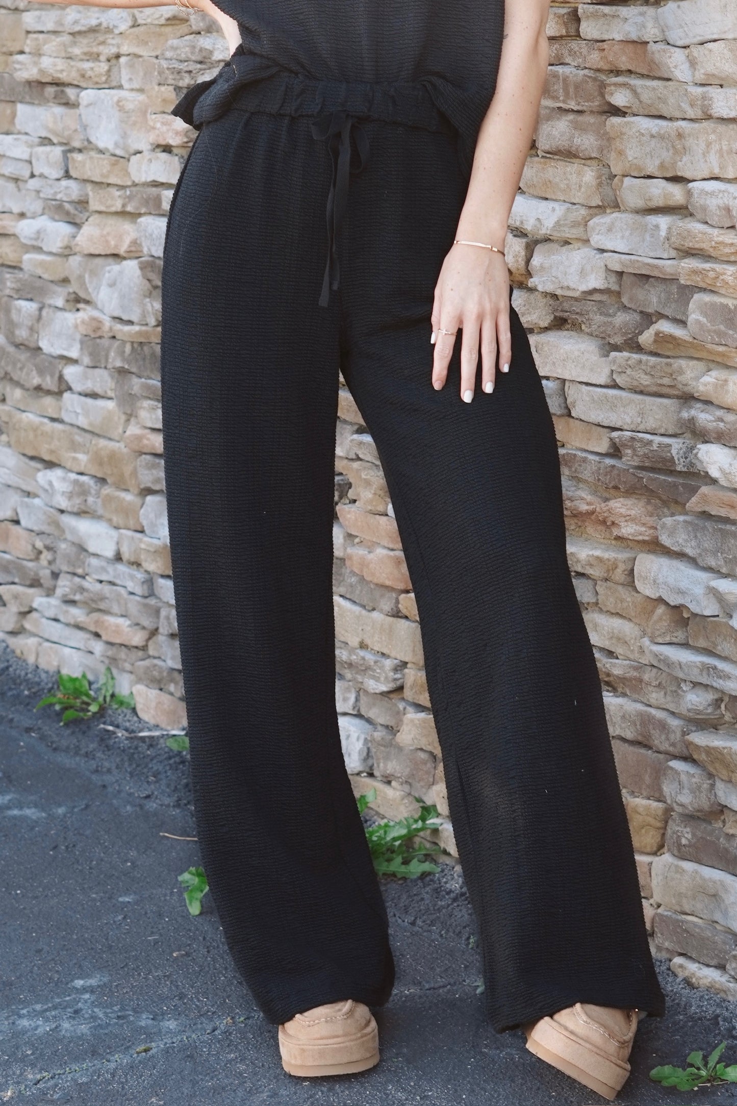 Kimber Knit Wide Legs Textured Cotton Pants, Elastic Waistband With Drawstring, Wide Leg, Inseam: 29", Colors: Black, Relaxed Fit, Pockets,