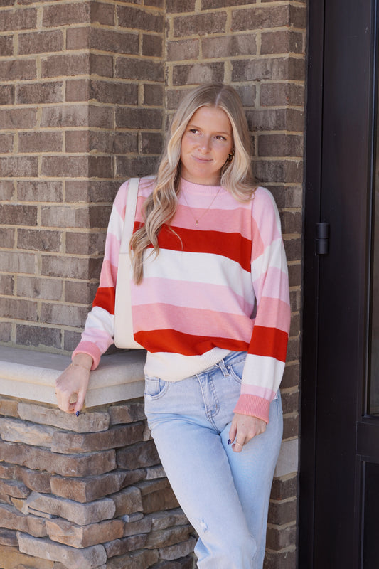 Valentine Color Block Soft Sweater, Round Neckline, Long Sleeves, Full Length, Striped, Relaxed Fit, Color: Pink Combo