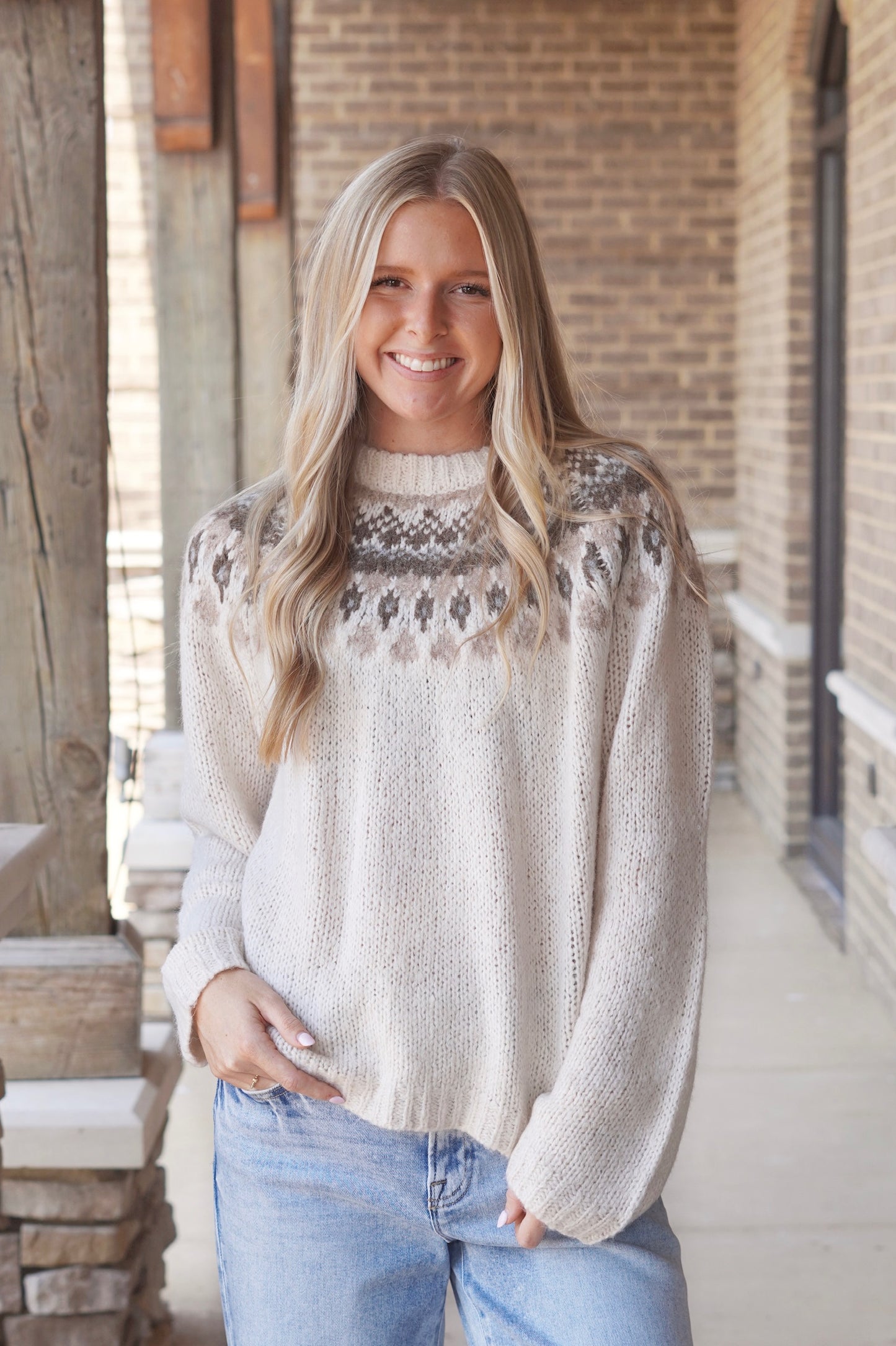 Parker Fair Isle Knit Sweater, Round Neckline, Long Sleeves, Wool Material, Fair Isle Print, Relaxed Fit, Colors: Ivory, Grays, Neutrals