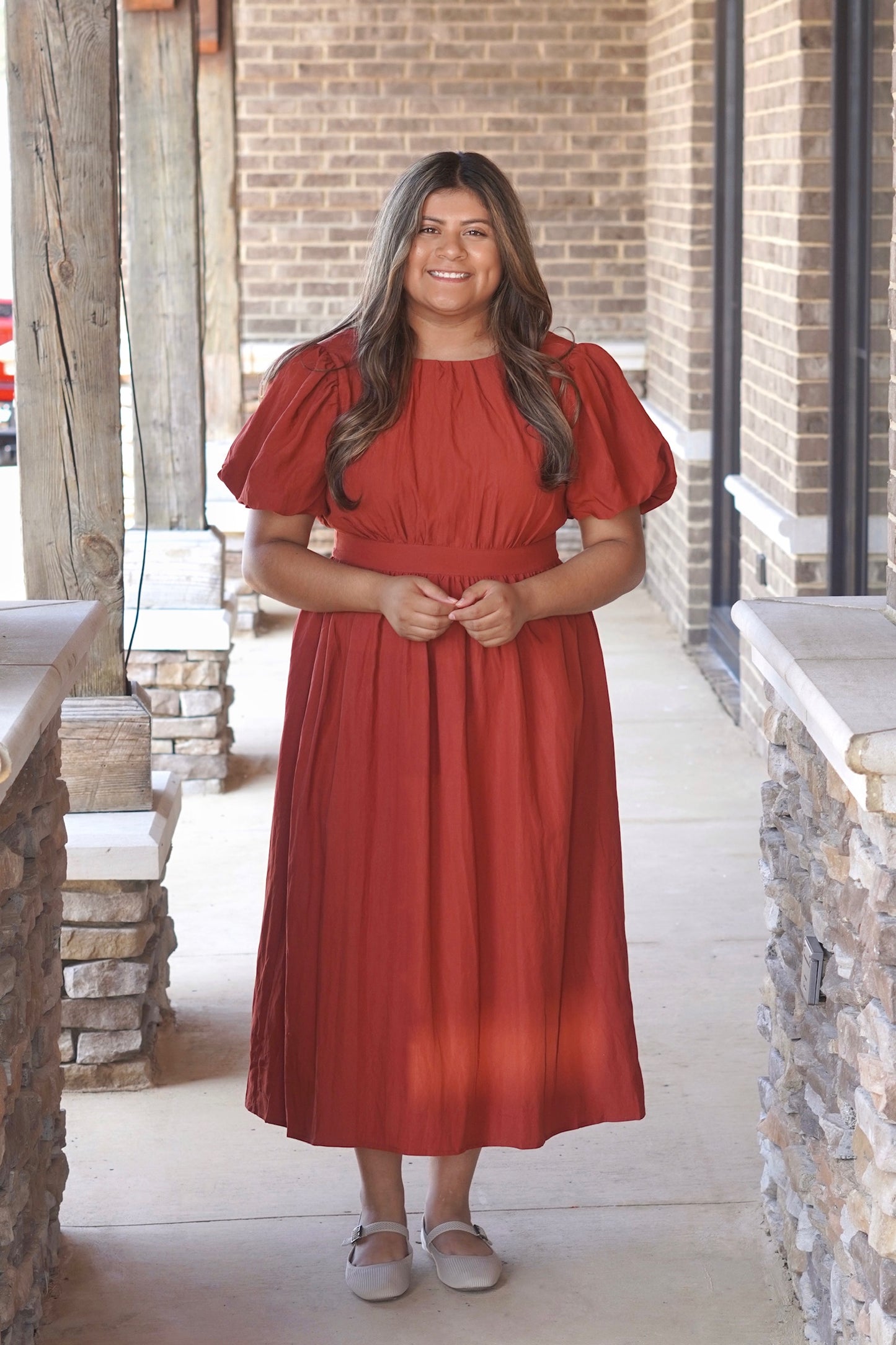 Grace Puff Sleeve Midi Dress, Round Neckline, Short Puff Sleeves, Midi Dress, Color:  Brick, True To Size, Fitted In The Waist