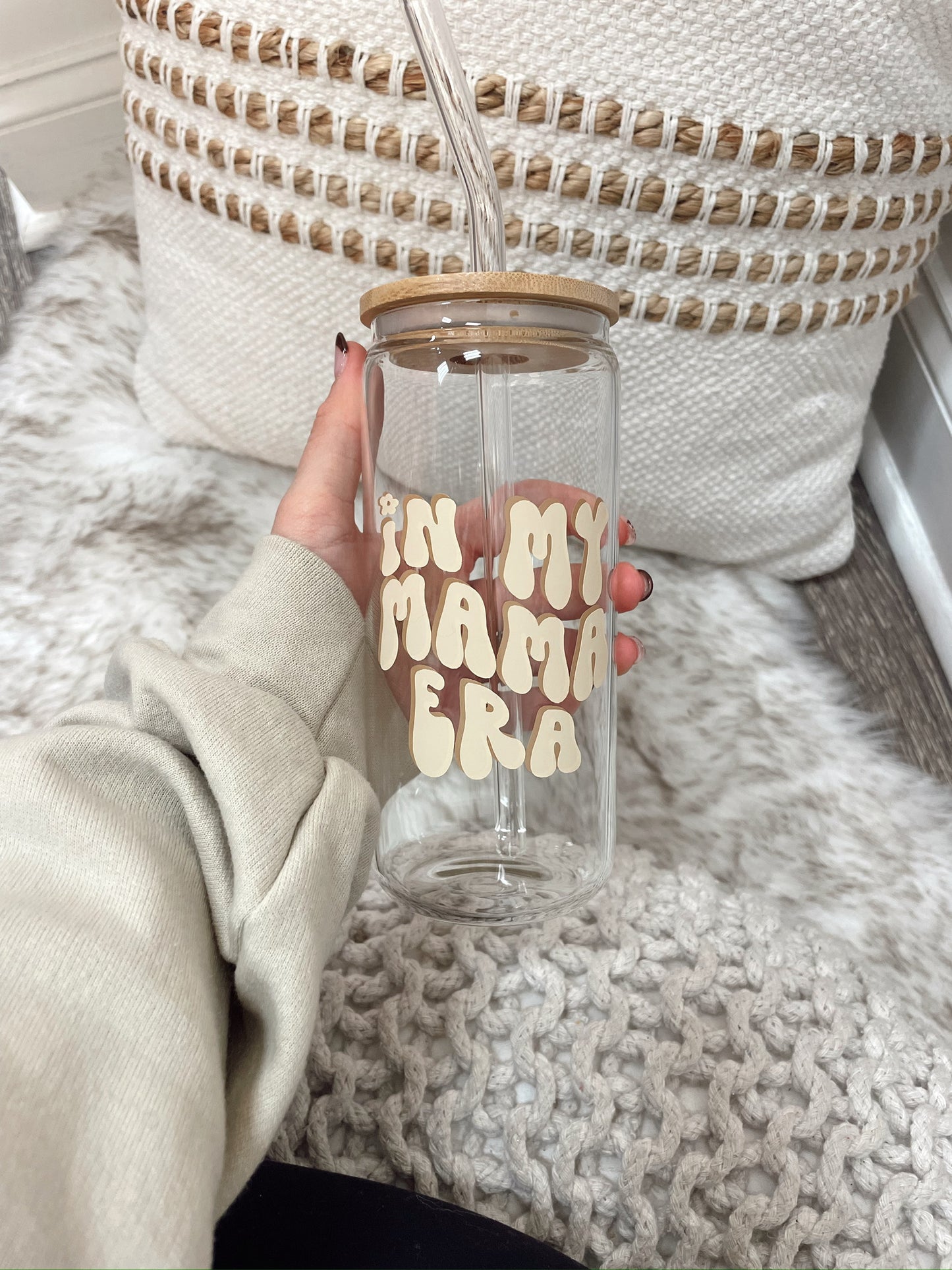 glass cup with straw that say "in my mama era" on it in beige