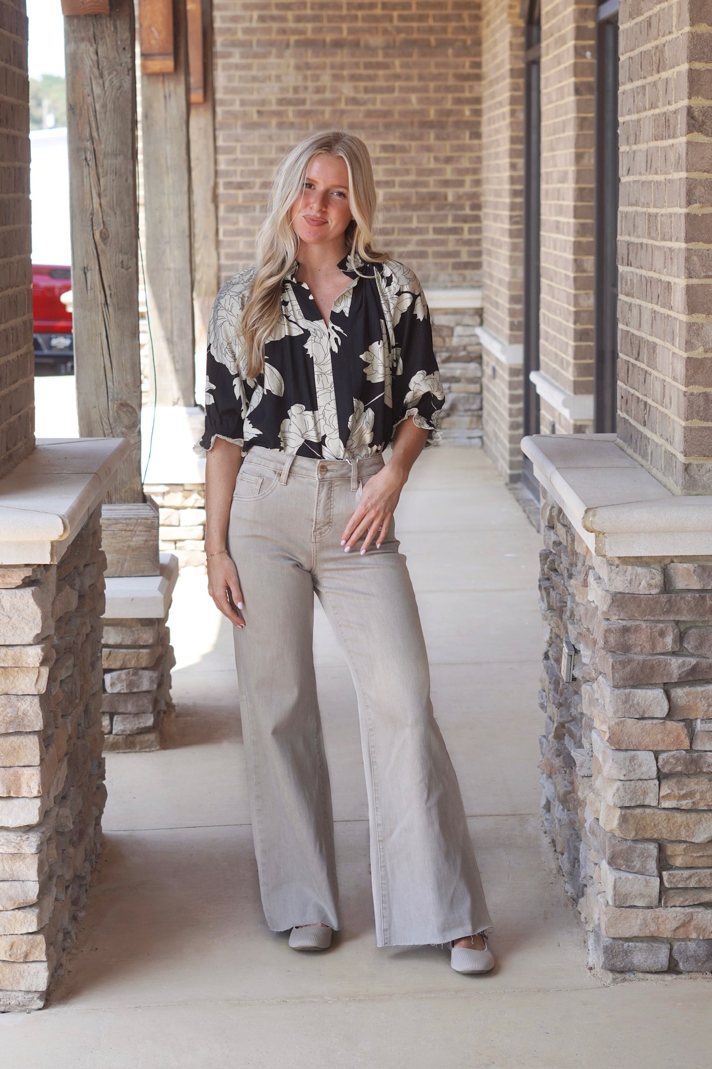Peony Scallop Sleeve Blouse, V-Neckline, Puff Short Sleeve, Scallop Sleeve Hem, Full Length, Relaxed Fit, Peony Print, Colors: Black. 