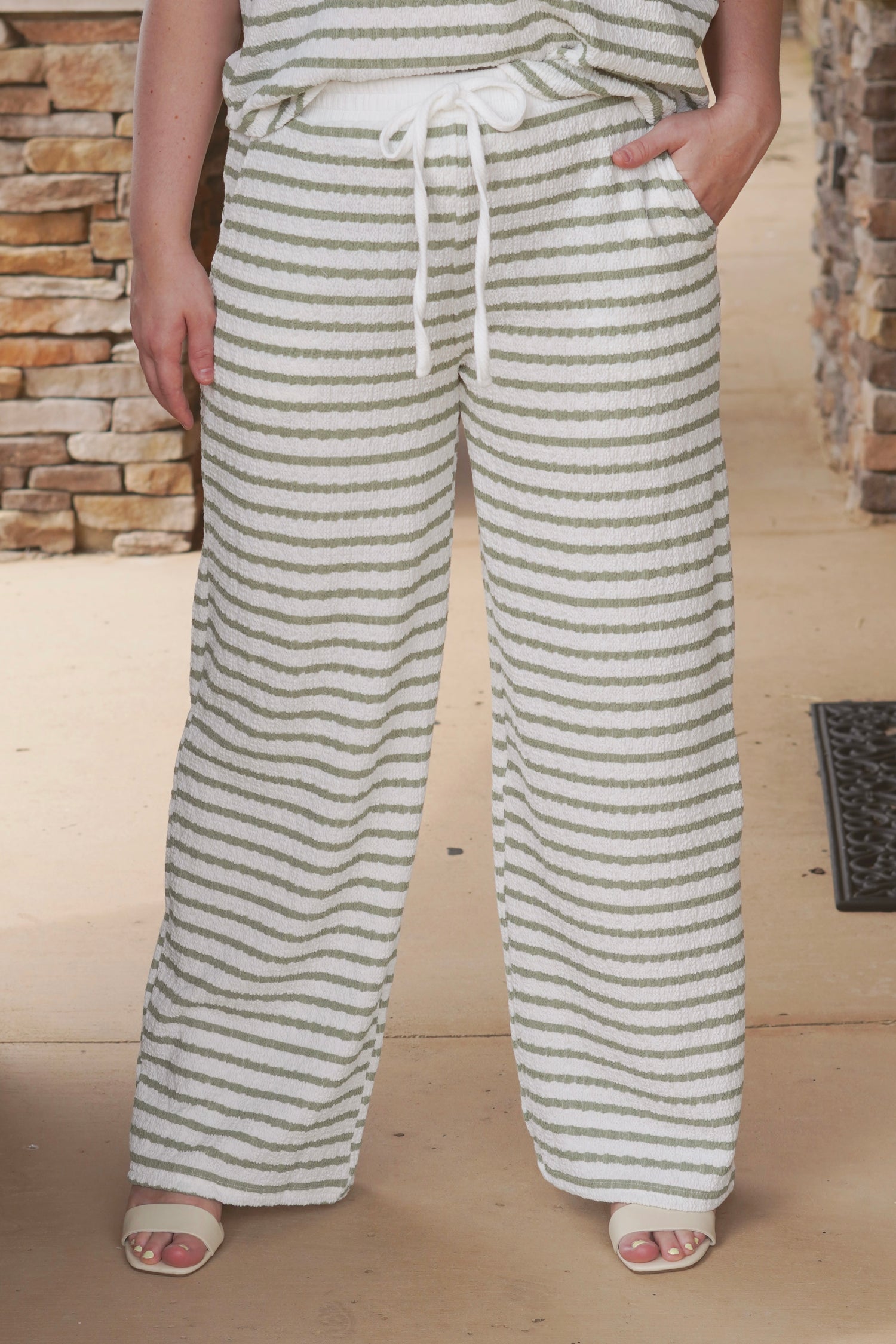 Textured Green Striped Knit Pants with an Elastic Waistband, Knit Material. 
