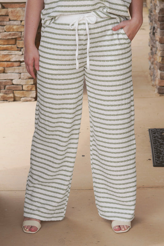 Textured Green Striped Knit Pants with an Elastic Waistband, Knit Material. 