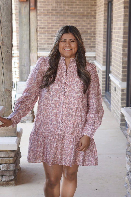 Mollie Mauve Long Sleeve Dress, Round Neckline, Long Sleeves, Button Down, Dress Underlining, Threaded Trim Detail, Color: Mauve, Floral/Leaf Print