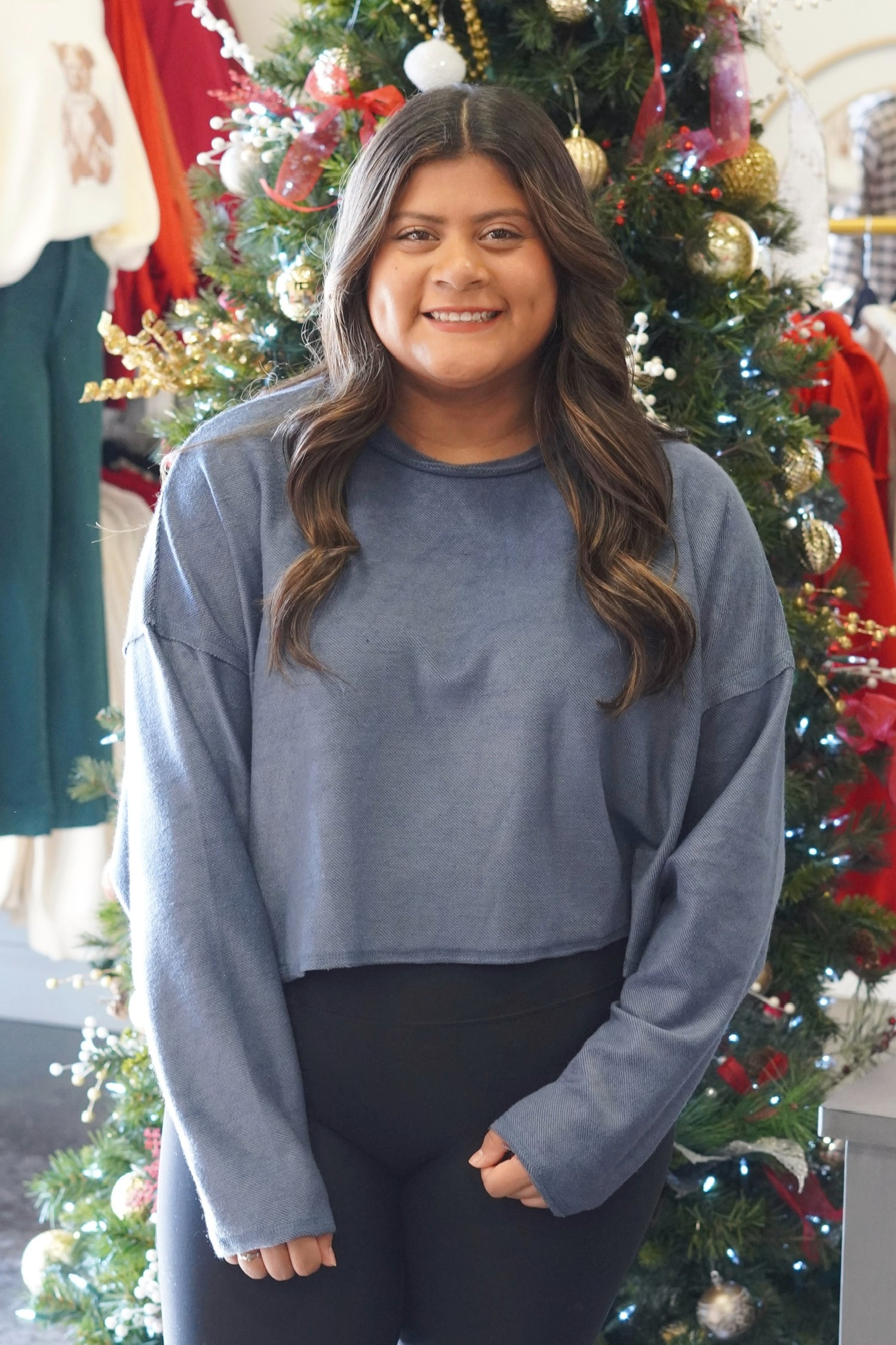 Reagan Relaxed Fit Sweatshirt, Crew Neckline, Long Sleeves, Cropped, Raw Hemline, Relaxed Fit, Colors:  Blue