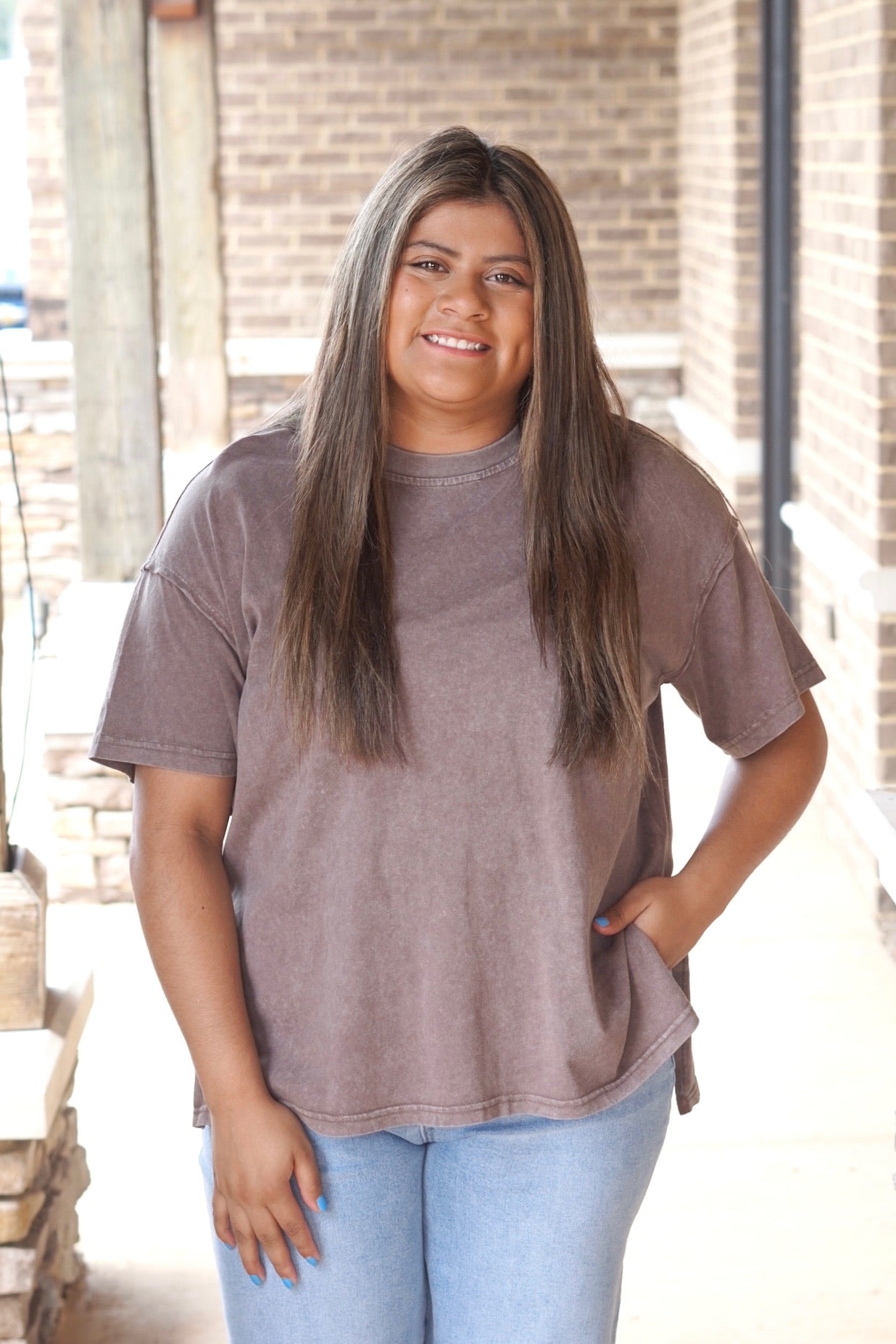 On The Go Oversized T-Shirt, Crew Neckline, Short Sleeves, Side Slits, Full Length, Mocha Color