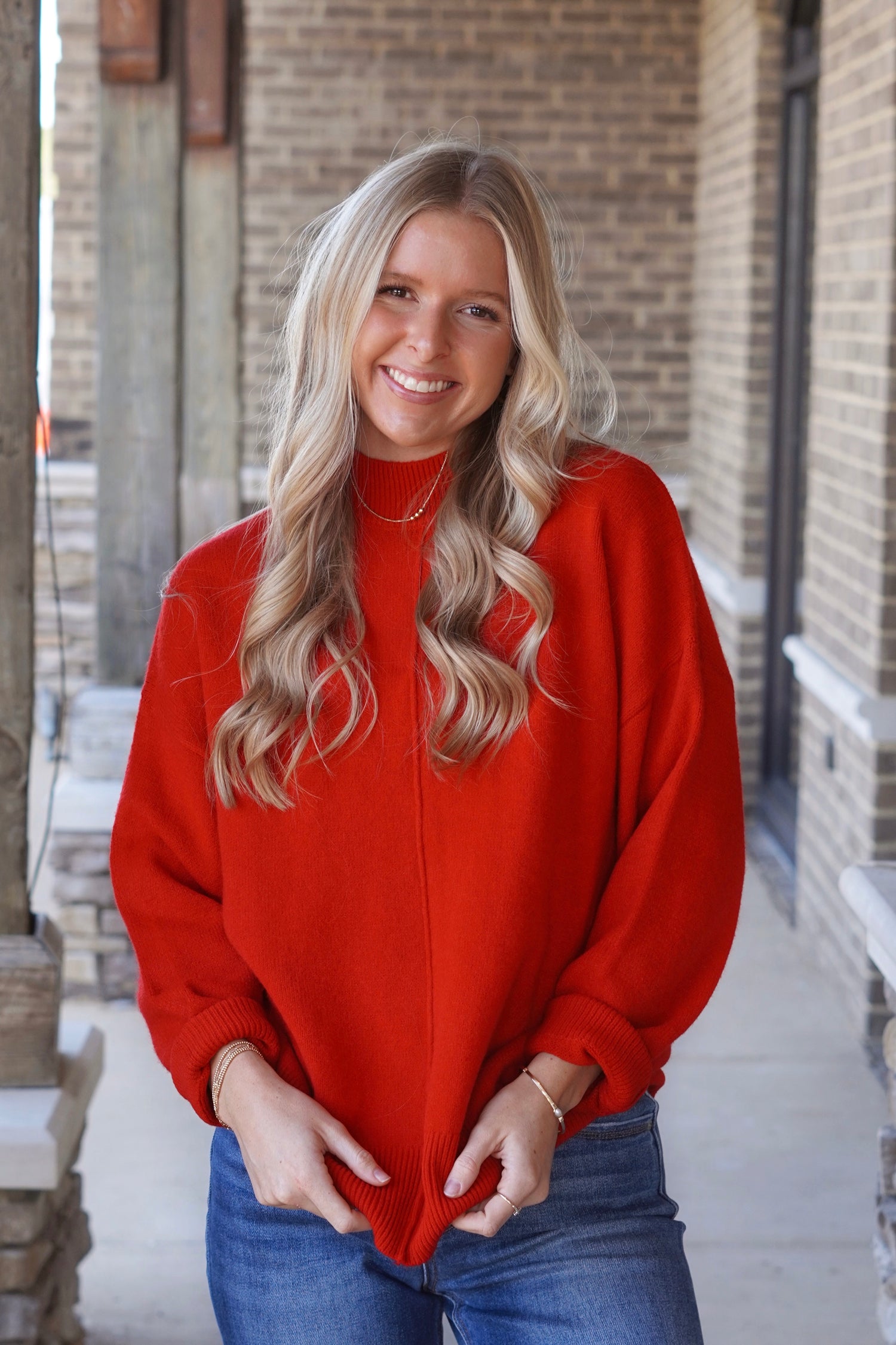 So Cozy Mock Neck Sweater, Mock Neckline, Long Sleeves, Front Seam, Full Length, Relaxed Fit, Color: Red