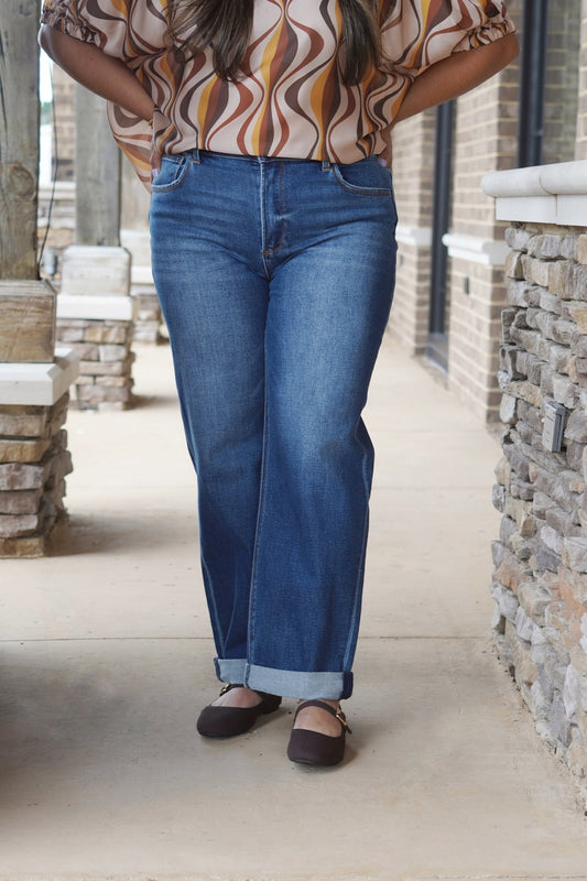 Mollie Mid-Rise Boyfriend Jeans, Button/Zipper Fly Closure, Pockets, Dark Denim, Cuff Jeans, Boyfriend Fit.