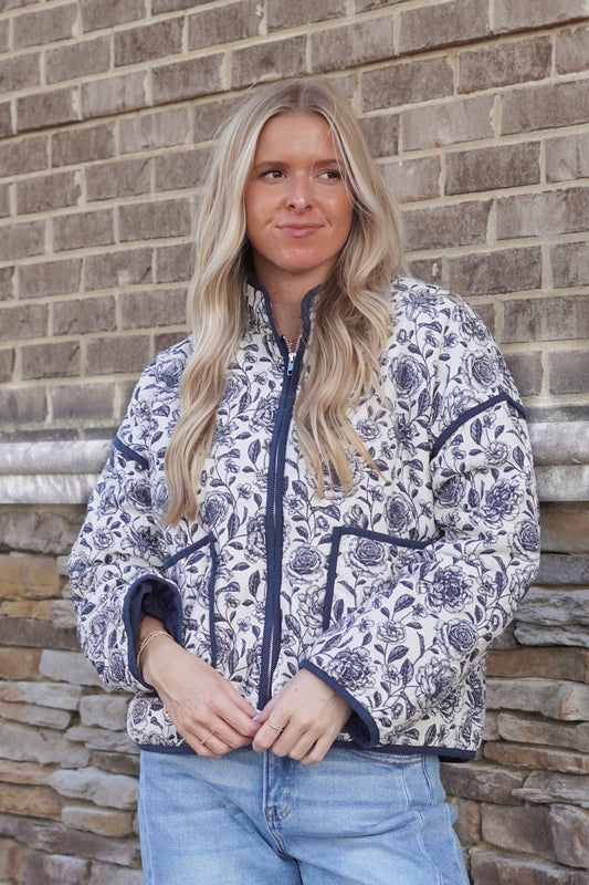 Nola Navy Floral Quilted Jacket, Zip Up, Pockets, Long Sleeves, Floral Print, Color: Navy, Relaxed Fit, Full Length