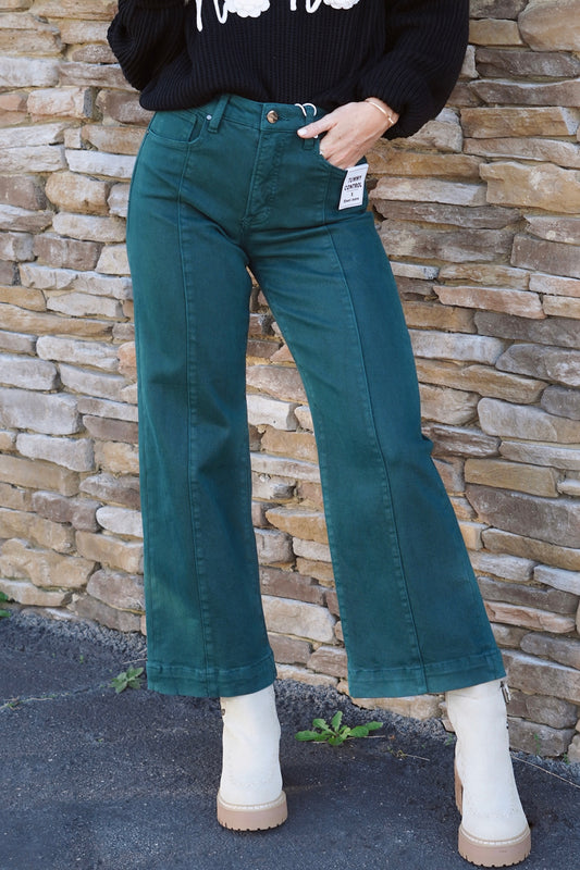 Gracie Green High Rise-Crop Wide Leg Jeans, Button/Zipper Closure, Cropped, Pockets, Wide Leg, Color: Green, Inseam: 26.5"