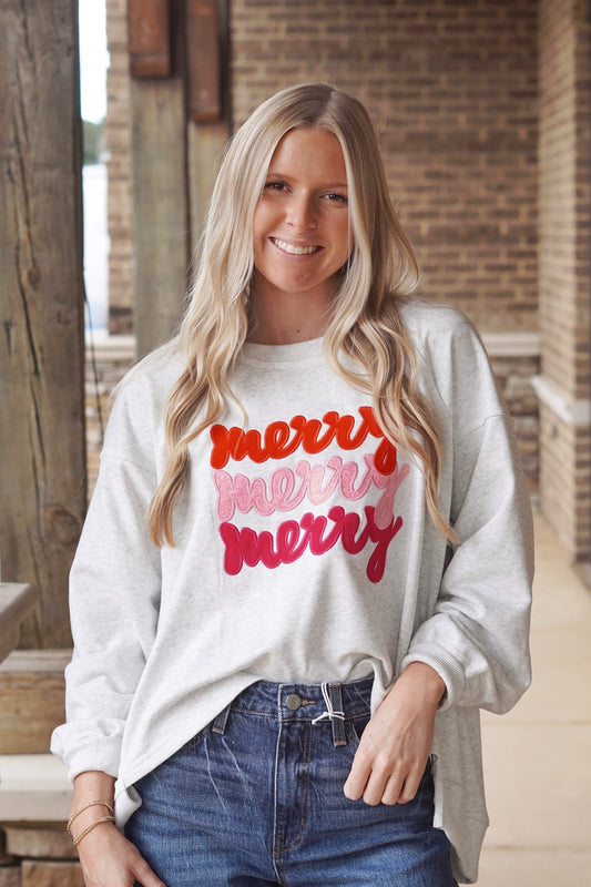 Pink Merry Embroidered Pullover, Round Neckline, Long Sleeves, Pink "Merry" Embroidered Lettering, Relaxed Fit, Color: Grey
