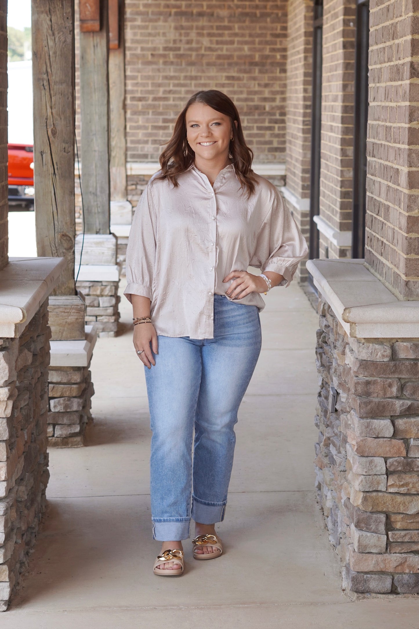 So Sleek Satin Flowy Blouse, Collar Neckline, Quarter Length Sleeves, Color: Tan, Flowy, Full Length, Pearl Buttons, Satin Material