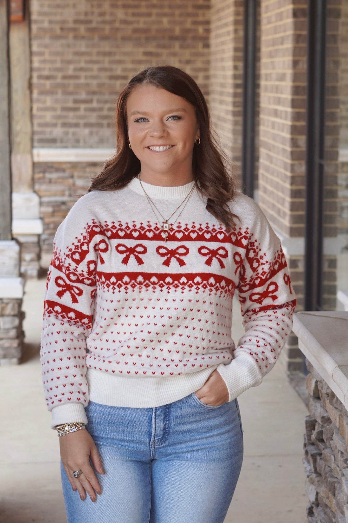 Bow And Heart Knit Sweater, Round Neckline, Long Sleeves, Knit Material, Bow And Heart Design, Relaxed Fit, Full Length, Colors: Red